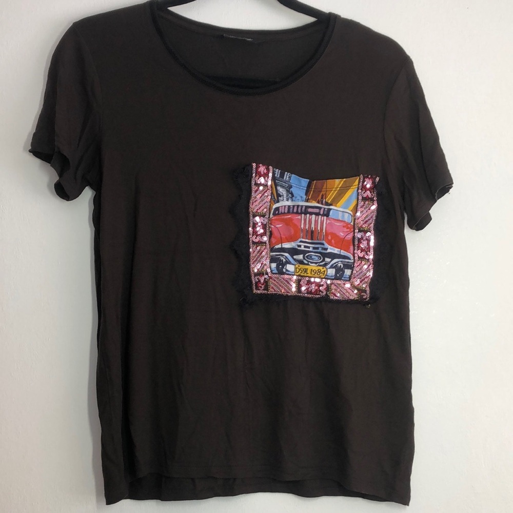 Desigual Womens Tee Short Graphic Size S Lace Sequins Artwork
